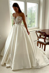 Elegant A-Line Sweetheart Satin Appliques Lace Long Wedding Dresses
