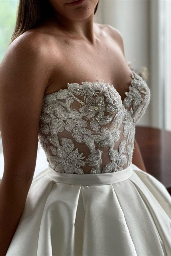 Elegant A-Line Sweetheart Satin Appliques Lace Long Wedding Dresses