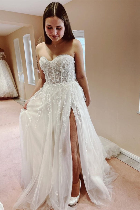 Simple A-Line Sweetheart Tulle Beading Long Wedding Dresses with Split