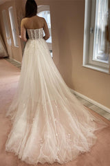 Simple A-Line Sweetheart Tulle Beading Long Wedding Dresses with Split