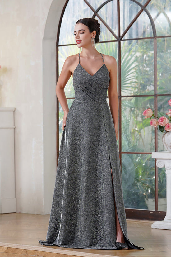 Elegant Long A-line V-Neck Halter Shiny Silk Prom Dress With Side Slit Party Dress with Pocket