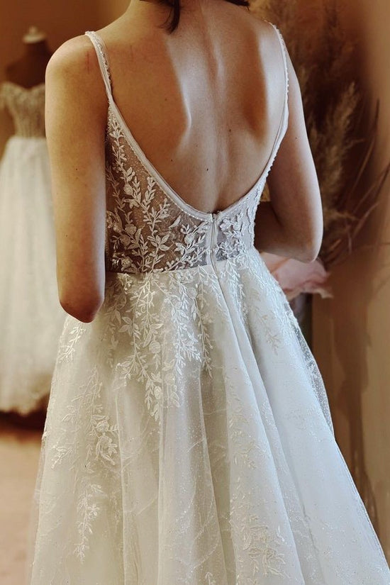 Simple A-Line V-neck Tulle Lace Open Back Long Wedding Dresses
