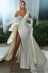 Long A-line Sweetheart Satin Beading Split Front Wedding Dresses with Gloves