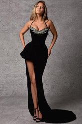 Sexy A-Line Strapless Halter Sleeveless Split Sequins Prom Dress with Chapel Train