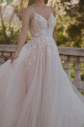 A-Line Sleeveless Spaghetti Tulle Wedding Dresses with Sweep Train Beaded