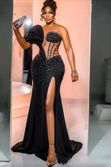 27Dress Elegant Black Beaded High-split Mermaid Formal Dress with Drape