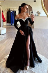 27Dress Elegant Black Off-the-shoulder High-split A Line Long Evening Dress with Beads