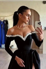 27Dress Elegant Black Off-the-shoulder High-split A Line Long Evening Dress with Beads