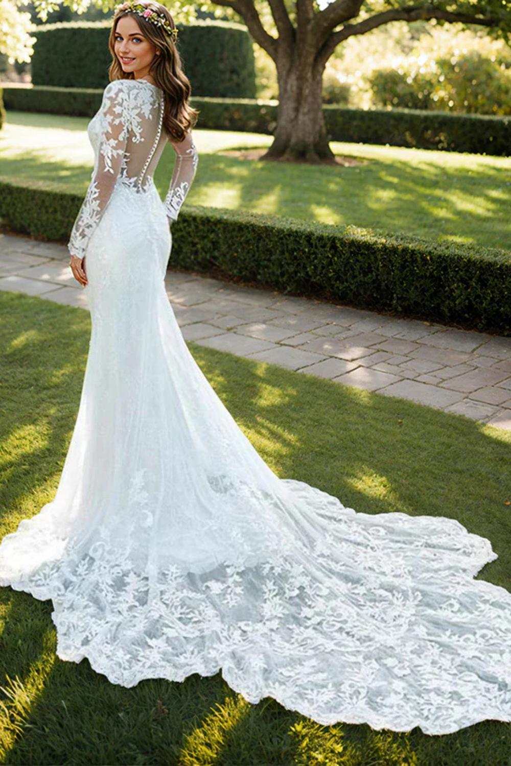 Elegant Long Sleeves Mermaid V-neck Lace Tulle Wedding Dresses From 27dress