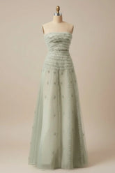 27Dress Elegant Sleeveless Sage Green A-line Strapless Formal Dress with Appliques