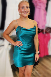 Emerald Cowl Neck Satin Sheath Homecoming Dress