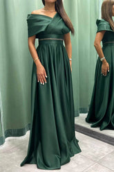 Emerald Off The Shoulder Satin A-Line Long Prom Dress