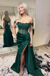 Emerald Off The Shoulder Satin Mermaid Long Prom Dress with Slit, Corset Bodice and Lace Appliques