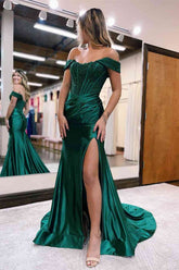 Emerald Off The Shoulder Satin Mermaid Long Prom Dress with Slit