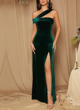 Emerald One Shoulder Velvet Sheath Long Evening Dress with Slit