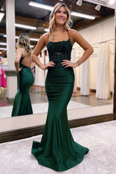 Emerald Spaghetti Strap Mermaid Long Prom Dress with Lace Appliques and Open Back