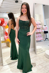 Emerald Spaghetti Strap Mermaid Long Prom Dress with Lace Appliques and Ruching