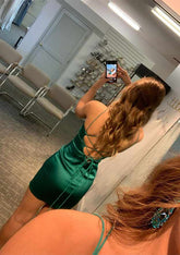Emerald Spaghetti Strap Satin Bodycon Homecoming Dress
