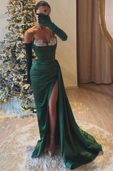Emerald Strapless Satin Sheath Long Prom Dress with Slit and Ruching