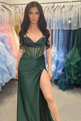 Emerald Sweetheart Satin Sheath Long Prom Dress with Slit and Corset Bodice