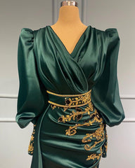 Emerald V-Neck Satin Sheath Long Prom Dress with Long Sleeves and Beading Bodice Detail