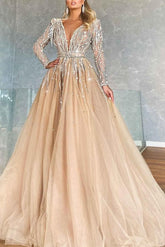 Gorgeous A-line V-Neck Tulle Ribbons Beading Long Prom Dress with Sleeves