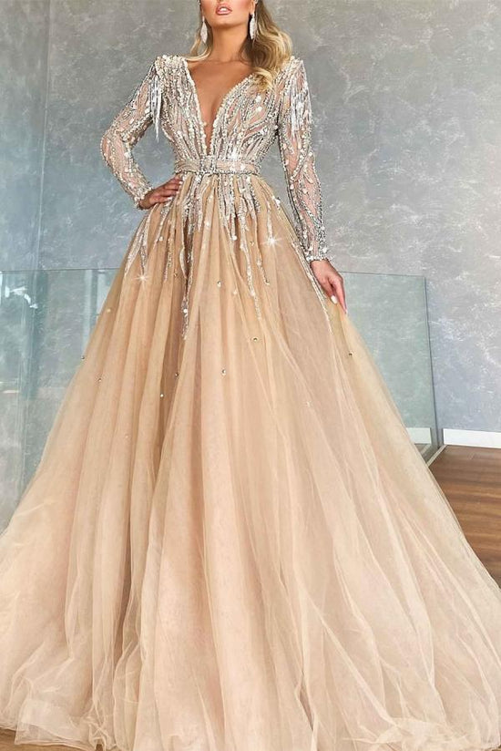 Gorgeous A-line V-Neck Tulle Ribbons Beading Long Prom Dress with Sleeves