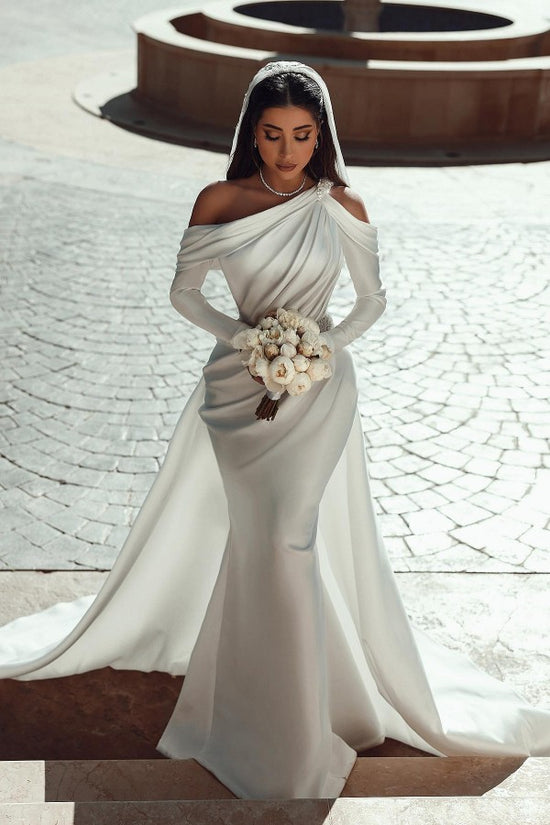 Elegant Mermaid One Shoulder Satin Long Beading Wedding Dresses with Sleeves
