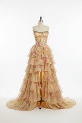 27Dress Floral Ruffled Strapless A Line Sleeveless Long Prom Dress with Split