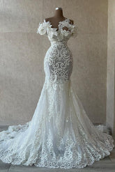White Tulle Hollow Applique Mermaid Style One Shoulder Sleeveless Sweep Train Long Wedding Dresses