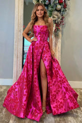 27Dress Fuschia Jacquard Strapless Sleeveless A Line Long Prom Dress with Split