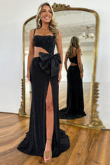 Glitter Black Spaghetti Straps Mermaid Cut-out Long Prom Dress with Beading