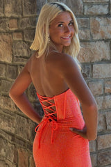 Glitter Orange Strapless Mermaid Beaded Long Corset Prom Dress with Ruffles
