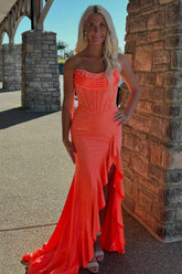 Glitter Orange Strapless Mermaid Beaded Long Corset Prom Dress with Ruffles