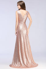 Gold Deep V-Neck Sequin A-Line Long Bridesmaid Dress with Ruching Back View