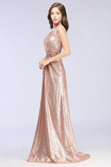 Gold Deep V-Neck Sequin A-Line Long Bridesmaid Dress with Ruching Side View