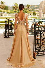 Gold High Neck Satin Sheath Long Prom Dress with Long Sleeves and Slit Back View