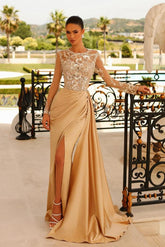 Gold High Neck Satin Sheath Long Prom Dress with Long Sleeves and Slit