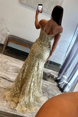 Gold Off The Shoulder Sequin Mermaid Long Prom Dress with Slit Back View