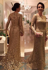 Gold Scoop Neck Lace Sheath Long Mother of the Bride Dress with Long Sleeves