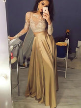 Gold Scoop Neck Satin Two Piece Long Prom Dress with Long Sleeves
