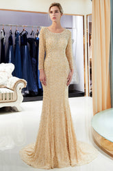 Gold Scoop Neck Sequin Mermaid Long Prom Dress with Long Sleeves