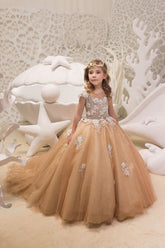 Gold Scoop Neck Tulle Ball Gown Flower Girl Dress with Floral Details
