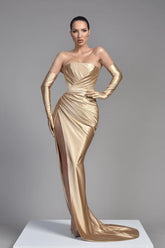 Gold Strapless Satin Sheath Long Evening Dress with Slit