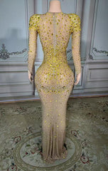 Gold Sweetheart Sheath Long Prom Dress with Long Sleeves Back View