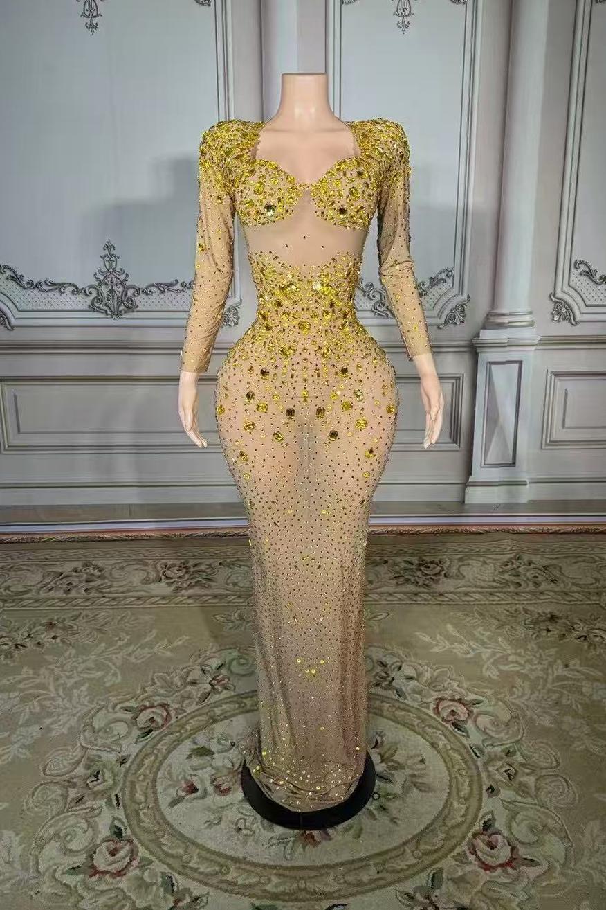 Gold Sweetheart Sheath Long Prom Dress with Long Sleeves