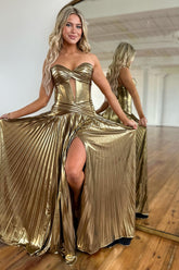 Golden Sweetheart A-Line Metallic Pleated Long Corset Prom Dress with Slit