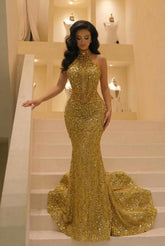 27Dress Golden Sequined Halter Mermaid Evening Dress with Rhinestones