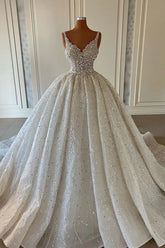 Long Ball Gown V-Neck Beaded Backless Wedding Dress
