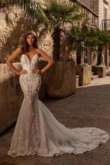 Sexy Sleeveless Mermaid Sweetheart Lace Tulle Long Wedding Dresses